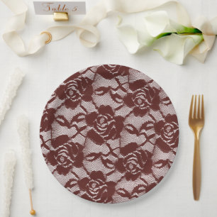 Burgundy Red White Lace Floral Paper Plate