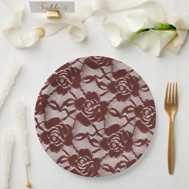 Burgundy Red White Lace Floral Paper Plate (Wedding)