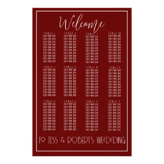 Burgundy Red  White Minimalist Seating Chart Print