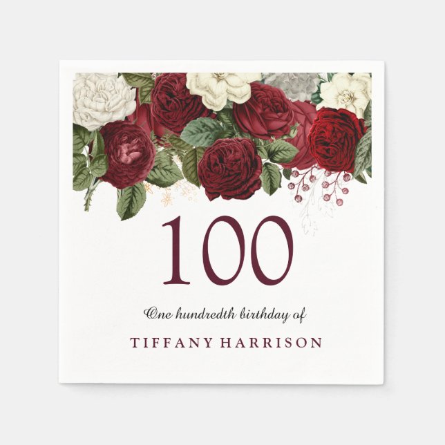 Burgundy Red White Rose 100th Birthday Party Napkin (Front)