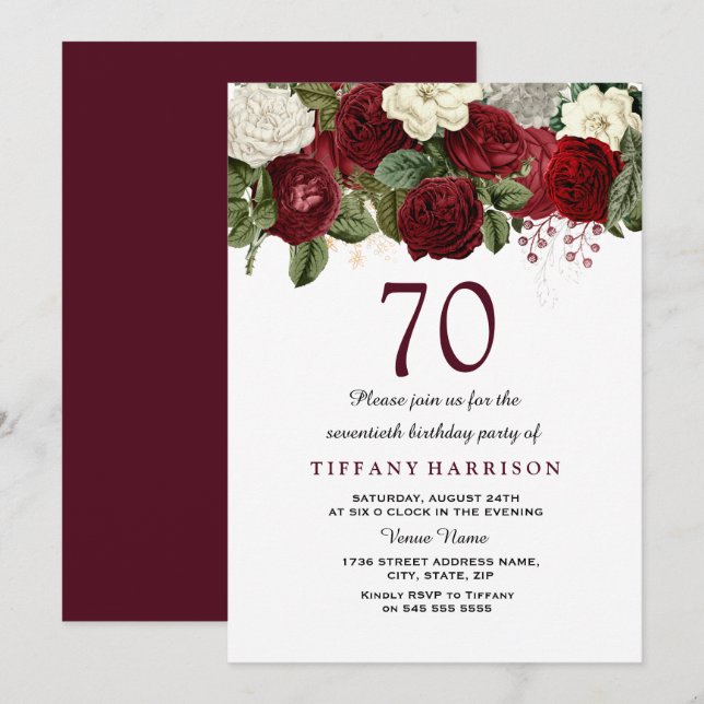 Burgundy Red White Rose 70h Birthday Party Invite (Front/Back)