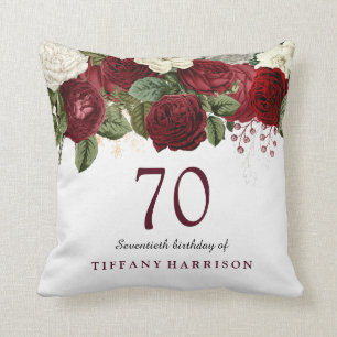 Burgundy Red White Rose 70th Birthday Gift Throw Pillow