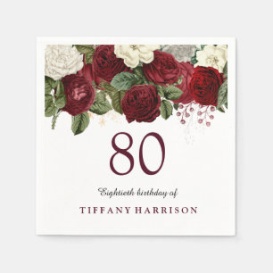 Burgundy Red White Rose 80th Birthday Party Napkin