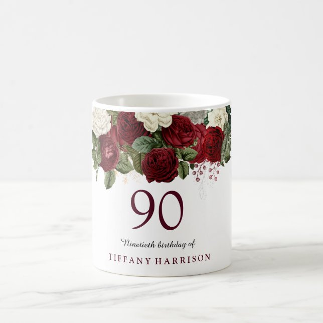 Burgundy Red White Rose 90th Birthday Favour Gift Coffee Mug (Center)