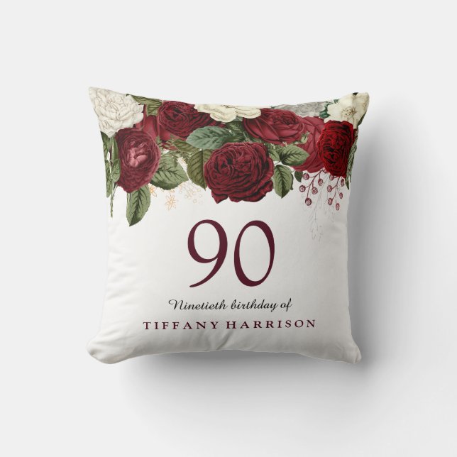 Burgundy Red White Rose 90th Birthday Gift Throw Pillow (Front)