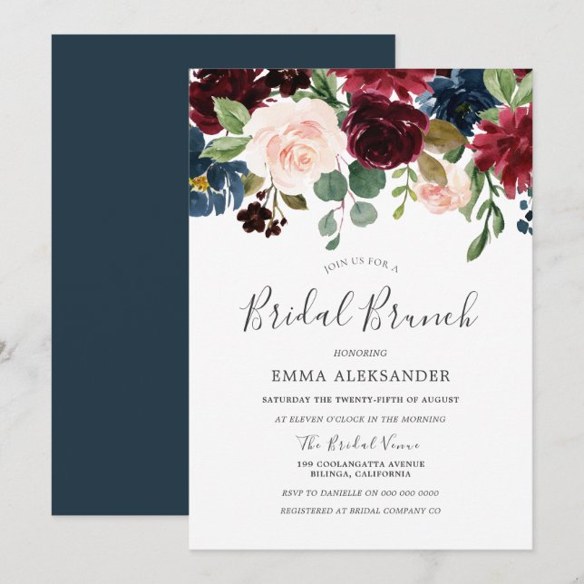 Burgundy Red Wine Floral Bridal Brunch Invite (Front/Back)