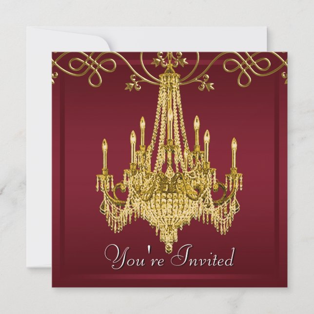 Burgundy Red Wine Gold Chandelier Party Invitation (Front)