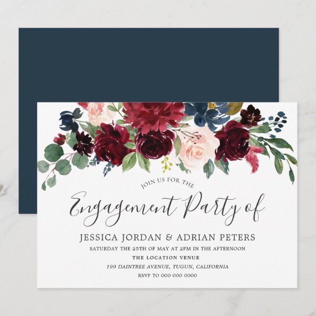 Burgundy Red Wine Modern Engagement Party Invite (Front/Back)