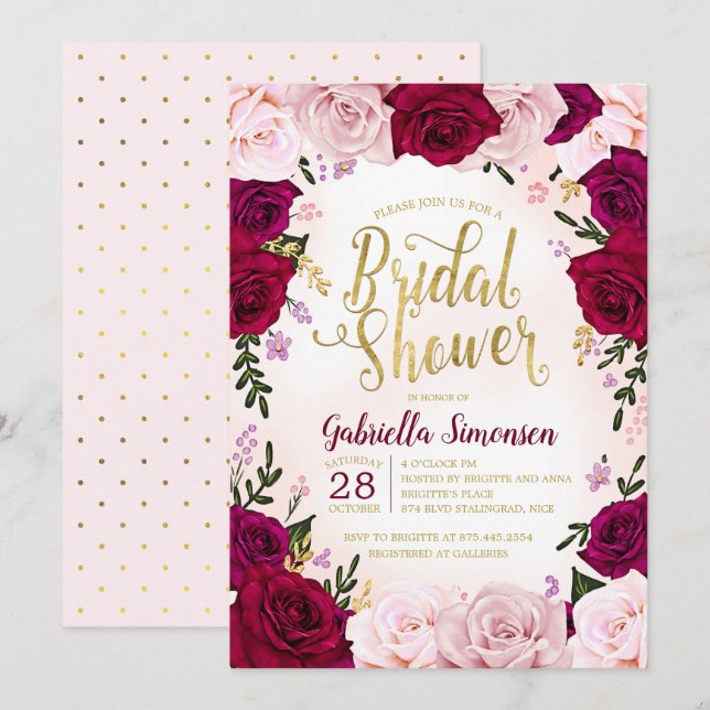 Burgundy Red Wine Pink Roses Bridal Shower Invitation (Front/Back)