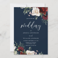 Burgundy Red Wine White Floral Navy Wedding