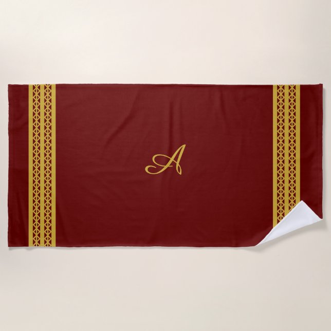 Burgundy Red with Gold Monogram & Diamond Pattern Beach Towel (Front)