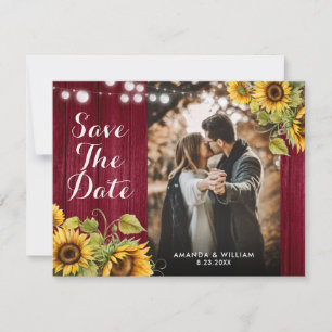 Burgundy Red Wood Sunflower Wedding Photo Save The Date