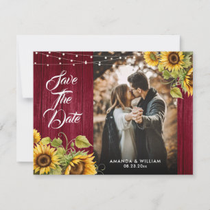 Burgundy Red Wood Sunflower Wedding Photo Save The Date