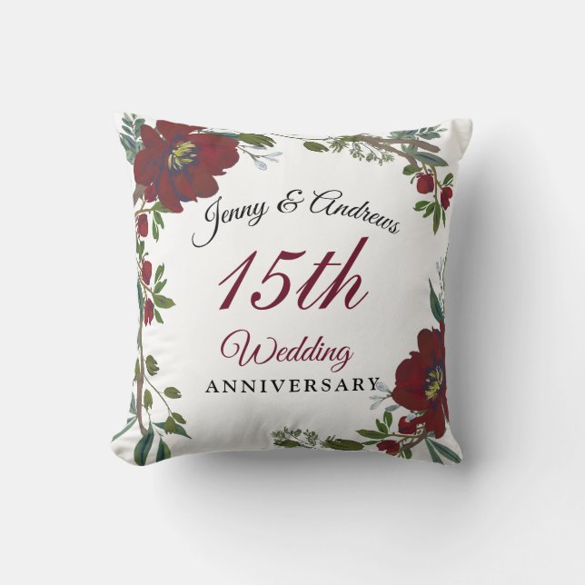 Burgundy Red Wreath 15th Wedding Anniversary Gift Throw Pillow (Front)
