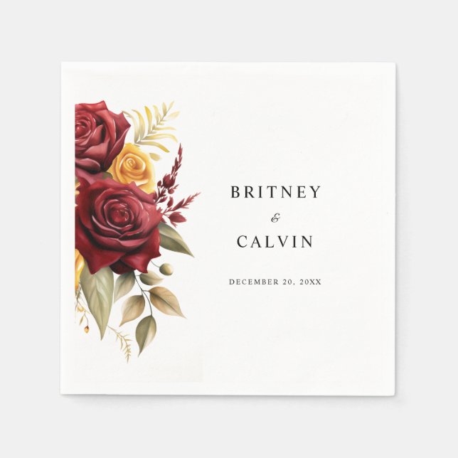 Burgundy Red Yellow Roses Floral Elegant Wedding Napkin (Front)