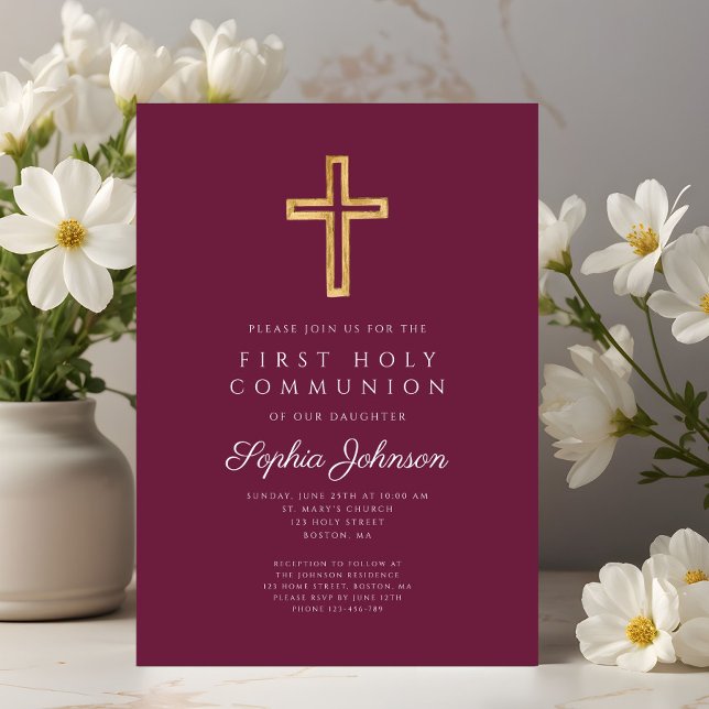 Burgundy Religious Cross Boy First Communion Invitation (Burgundy Religious Cross Boy First Communion Invitation)