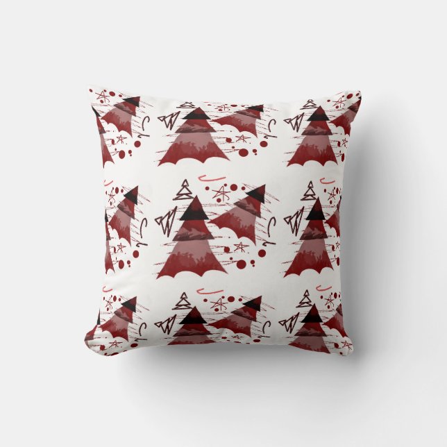Burgundy Repeated Christmas Tree Pattern Throw Pillow (Front)