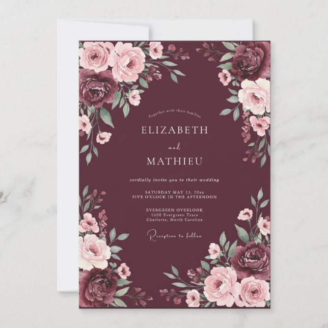 Burgundy Resplendent Rose Wedding Invitation (Front)
