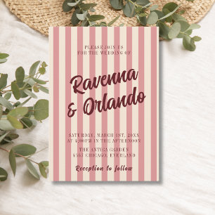 Burgundy Retro Blush Pink Stripes Wedding Invitation