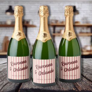 Burgundy Retro Blush Pink Stripes Wedding Sparkling Wine Label