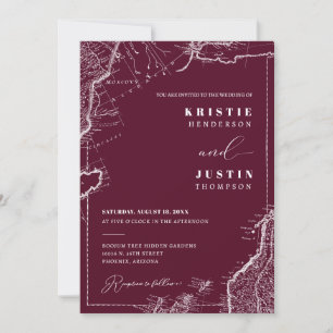 Burgundy Retro Travel QR Code Photo Wedding  Invitation