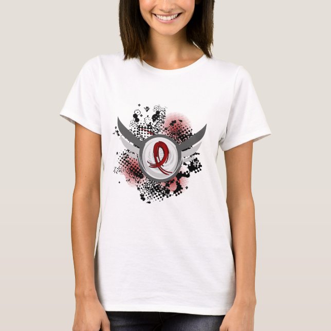 Burgundy Ribbon And Wings Multiple Myeloma T-Shirt (Front)