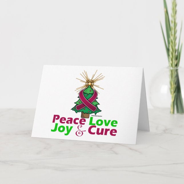 Burgundy Ribbon Christmas Peace Love, Joy & Cure Holiday Card (Front)