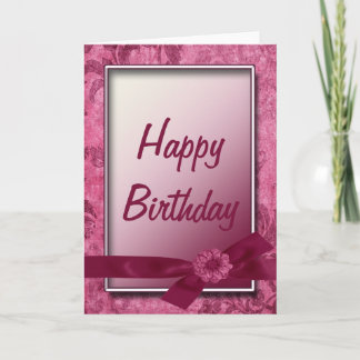 Burgundy Ribbon & Flowers Happy Birthday Card