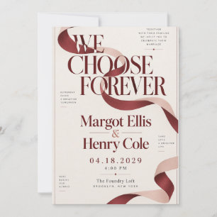 Burgundy Ribbon Modern Wedding Invitation