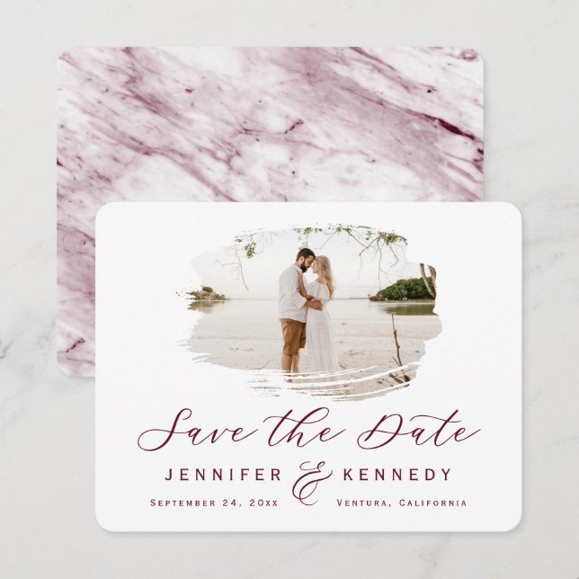 Burgundy Romantic Brushed Frame with Photo Save The Date (Front/Back)