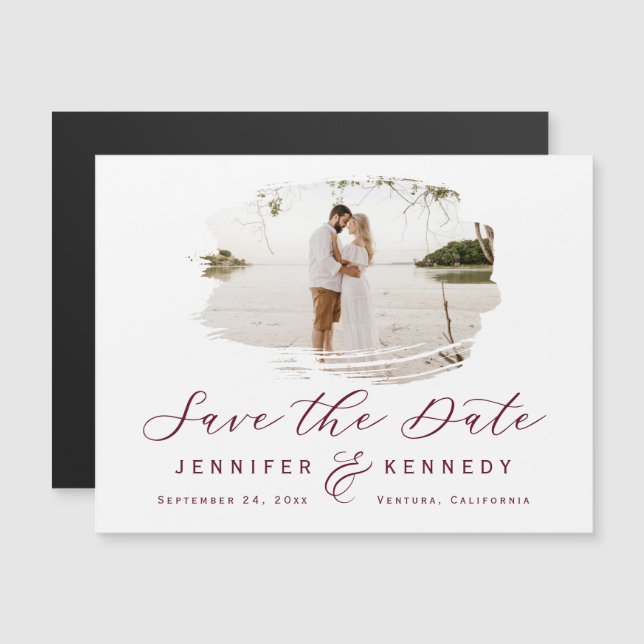 Burgundy Romantic Brushed Photo Save The Date Magnetic Invitation (Front/Back)