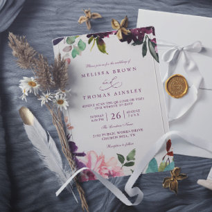 Burgundy Romantic Florals Elegant QR Code Wedding Invitation