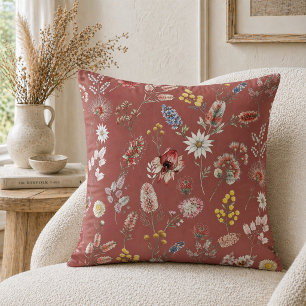 Burgundy Romantic Moody Watercolor Wildflowers Throw Pillow