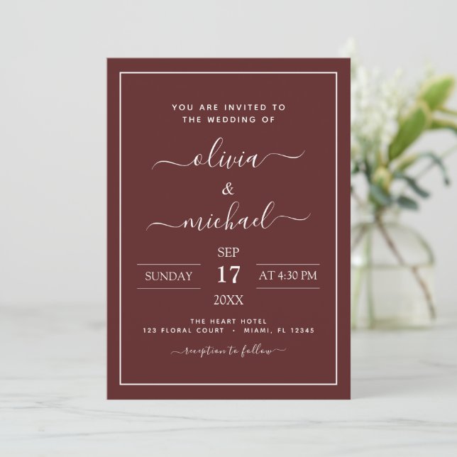 Burgundy Romantic Wedding Modern Typography Invita Invitation (Standing Front)