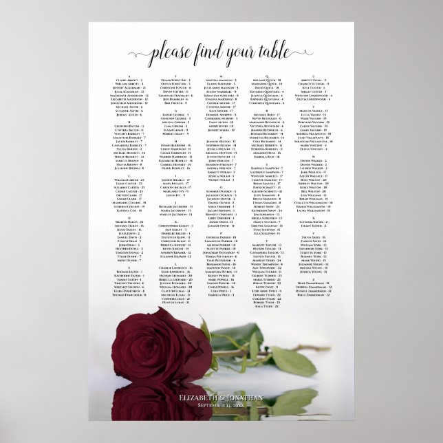 Burgundy Rose Alphabetical Wedding Seating Chart (Front)