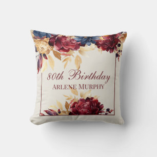 Burgundy Rose and Navy 80th Birthday Throw Pillow