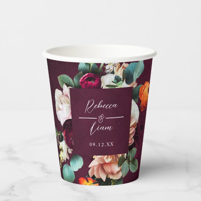 Burgundy Rose and Ranunculus Wedding Paper Cups (Front)