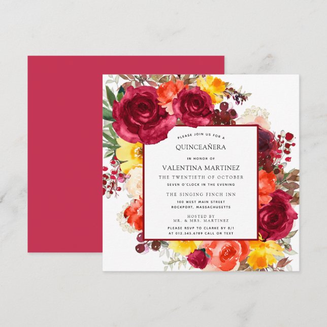 Burgundy Rose Autumn Floral Quinceanera Invitation (Front/Back)