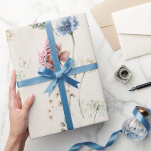 Burgundy Rose Blue White Flowers Butterfly Bridal  Wrapping Paper