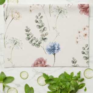 Burgundy Rose Blue White Flowers Butterfly Kitchen Towel