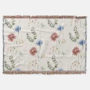 Burgundy Rose Blue White Flowers Butterfly Throw Blanket