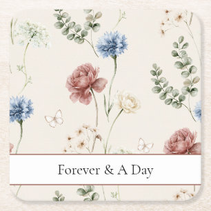 Burgundy Rose Blue White Flowers Butterfly Wedding Square Paper Coaster