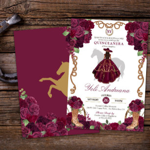 Burgundy Rose Boots Charro Vestidos Quinceañera Invitation