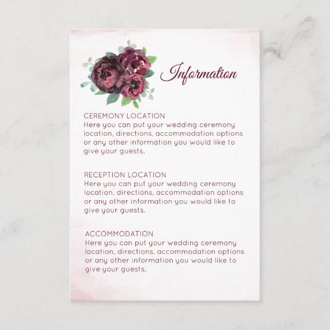 Burgundy Rose Bouquet Mariage Cartes d'information (Devant)