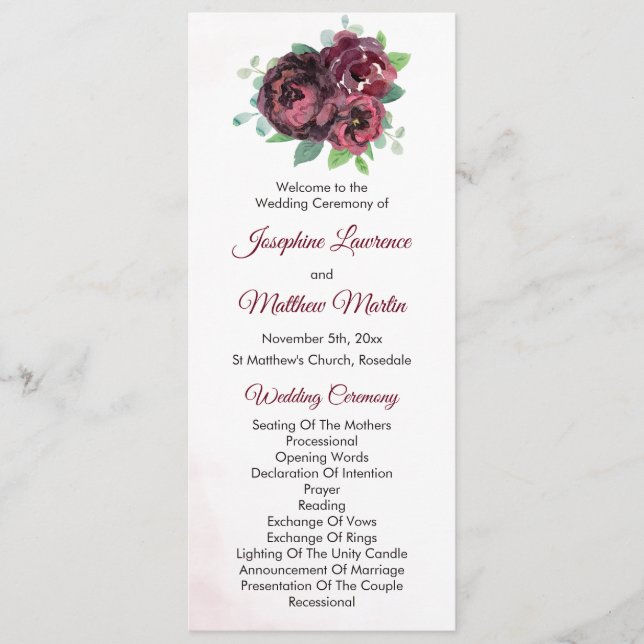 Burgundy Rose Bouquet Wedding Ceremony Program (Front)