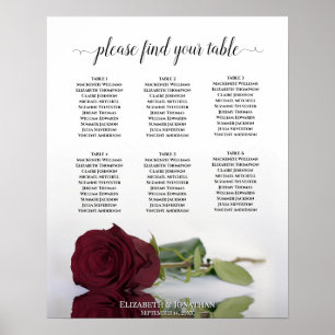 Burgundy Rose Chic 6 Table Wedding Seating Chart