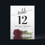Burgundy Rose Elegant Wedding Table Number Large<br><div class="desc">These beautiful table number cards will make it easy for your guests to find their seats at your wedding reception. Features a gorgeous design with lacy script calligraphy and a single burgundy, maroon, or wine red coloured rose lying on its side with ripples waves and reflections. There is space for...</div>