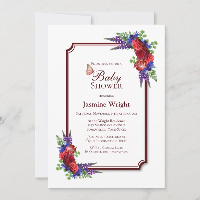 Burgundy Rose Floral Baby Shower Invitation (Front)