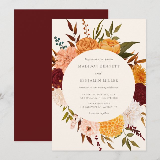 Burgundy Rose Floral Fall Wedding Invitation (Front/Back)