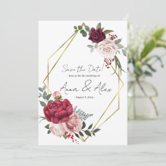 Burgundy Rose Floral Geometric Save the Date Invitation
